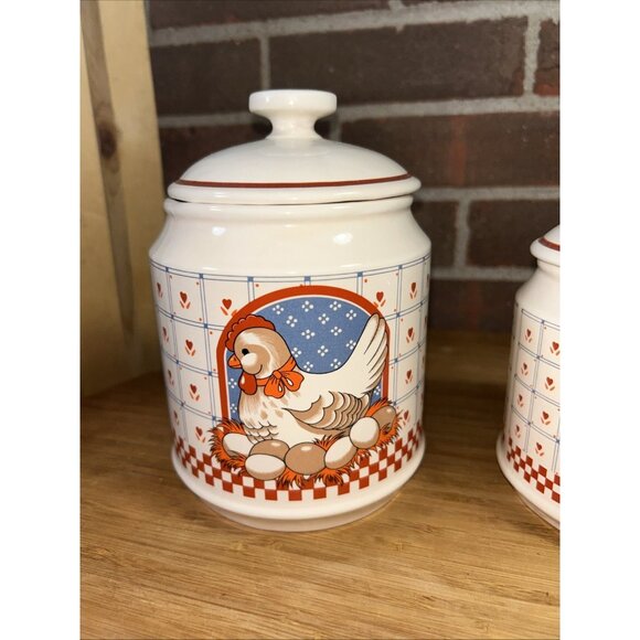 Vintage set 2 Ceramic Canister/Storage Jars Nesting Hen Chicken with Eggs Japan - Picture 2 of 9